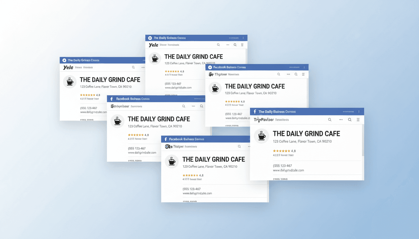 multiple business listing platforms overlaid showing consistent business information across directories