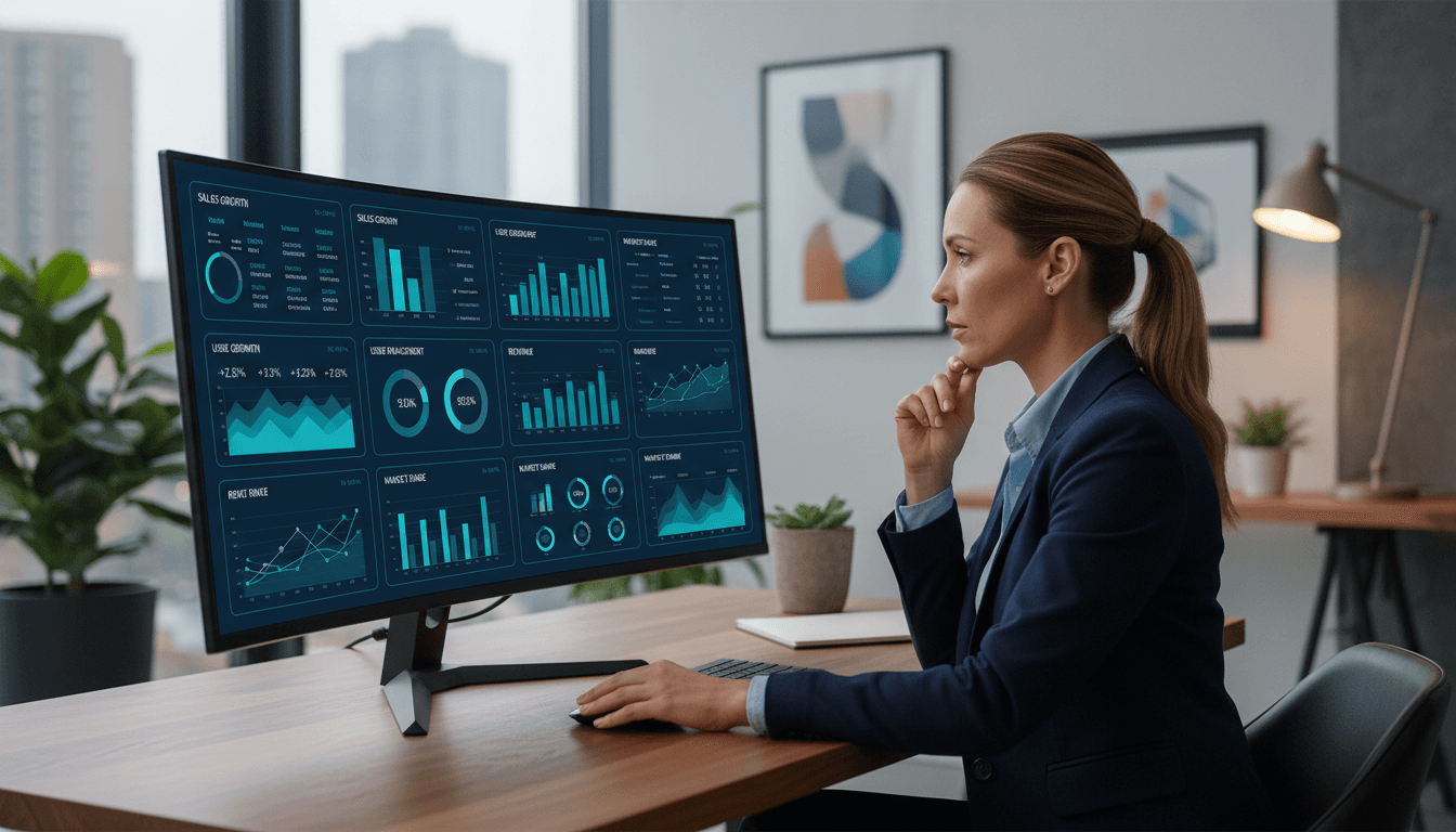 Local business owner reviewing online presence analytics and visibility metrics